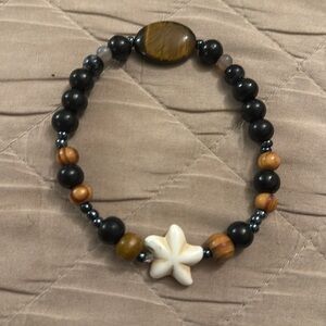 Black and Brown Beaded Bracelet with Flower Accent